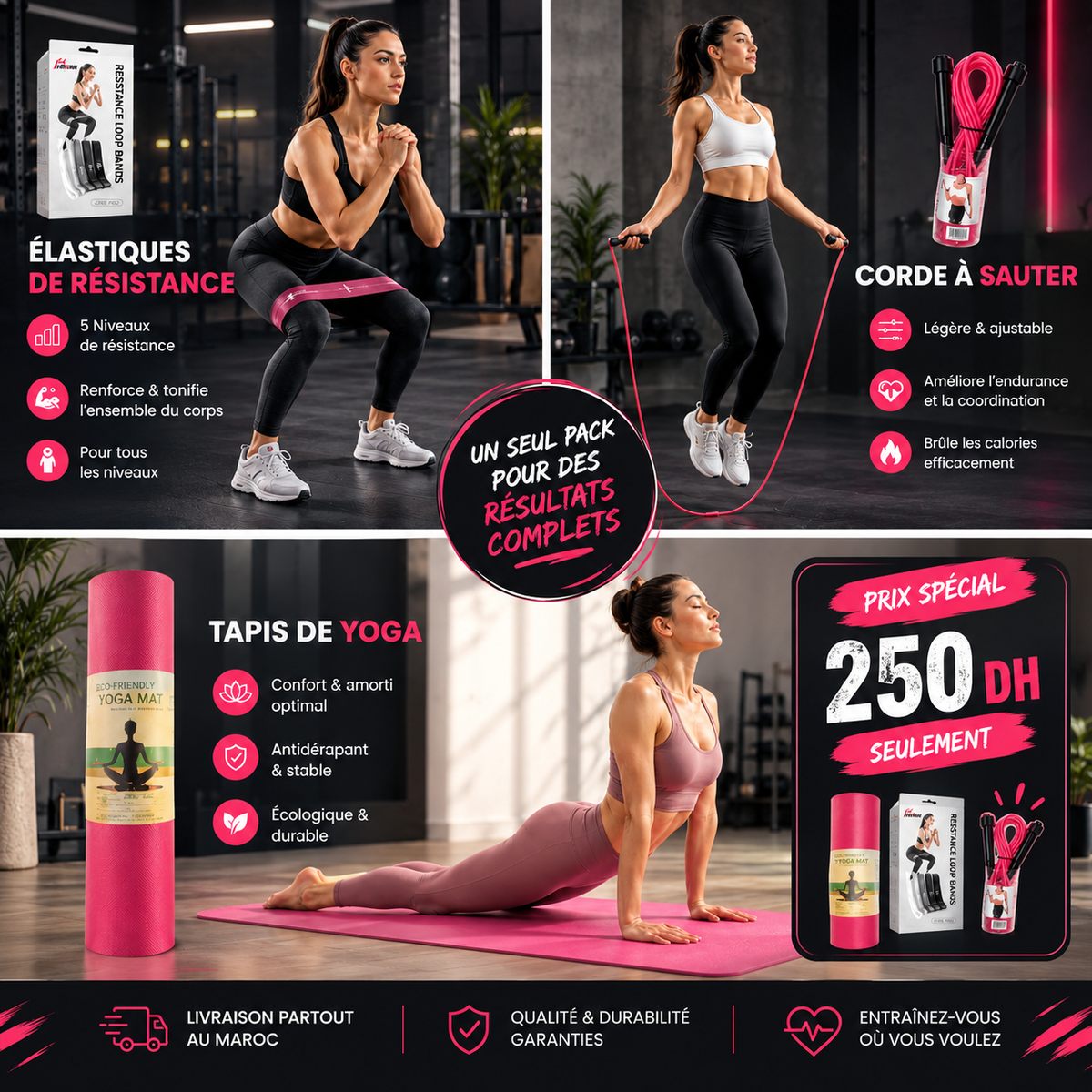 Pack Yoga & Fitness Premium – Tapis + Élastiques + Corde à Sauter