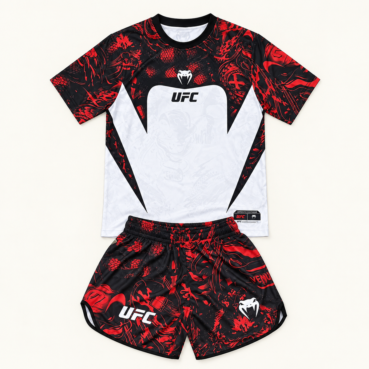 Ensemble UFC Venum Rouge & Noir – T-shirt et Short de Combat