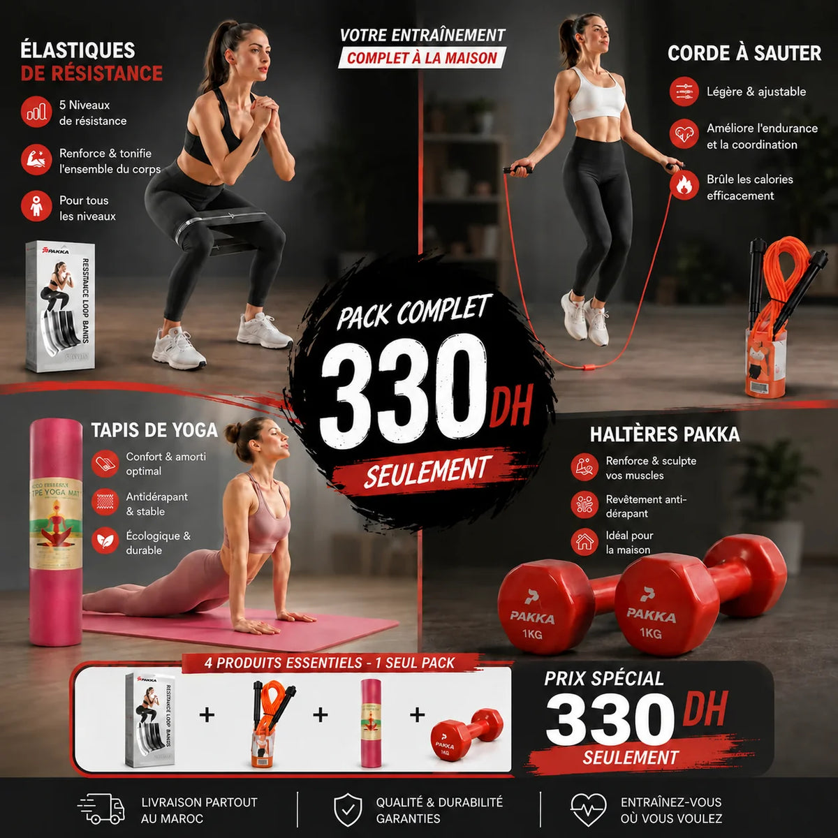 Pack Fitness Complet – Bandes en Silicone + Tapis yoga + haltères & Corde